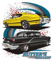 Rutter's Parts & Merchandise - Rutter's Rod Shop T-Shirt  '73 Olds 442 and '56 Black Olds