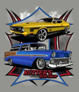 Rutter's Parts & Merchandise - Rutter's Rod Shop T-Shirt '56 Nomad and '72 Mustang - Image 1